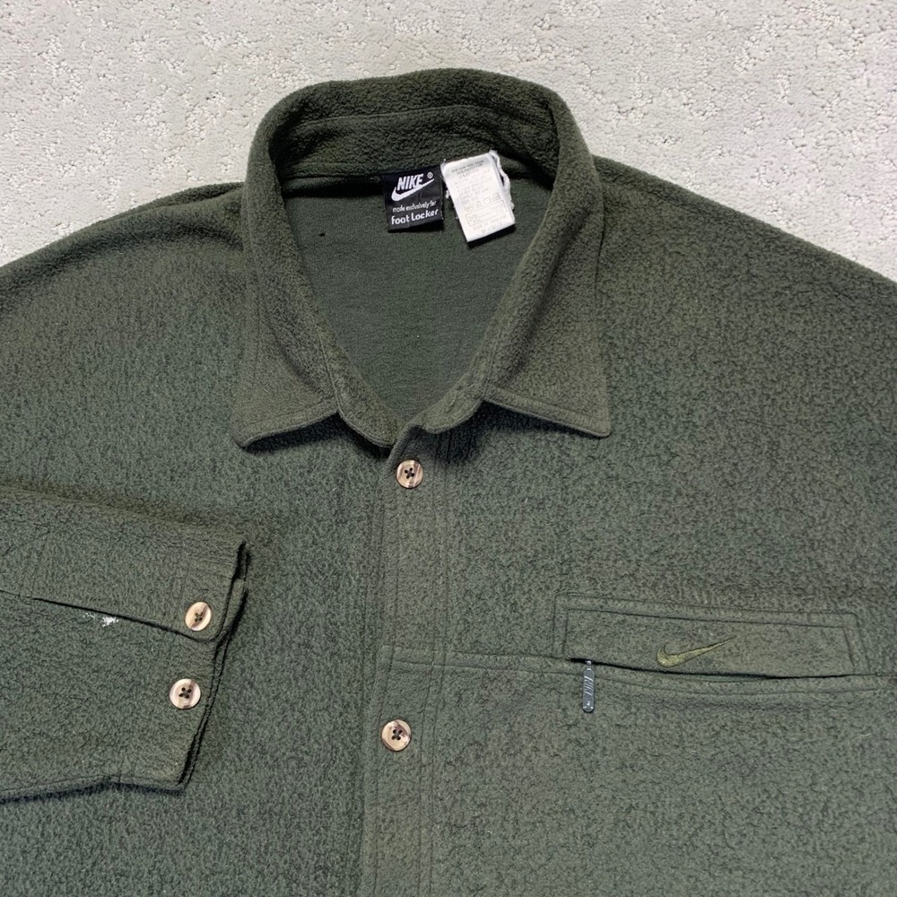 Vintage Nike Fleece Button Up Shirt Flannel‎ XXL Green Foot Locker Faded Grunge